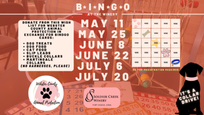 Event flyer for Bingo at the Winery supporting Webster County Animal Protection. Participants earn bingo cards by donating items from a pet-focused wish list. Dates listed are May 11 & 25, June 8 & 22, and July 6 & 20. Includes a bingo card with wine-related icons and a silhouette of a dog that says “It’s a collar drive!” Background features bingo balls, a chair, and wine barrels.