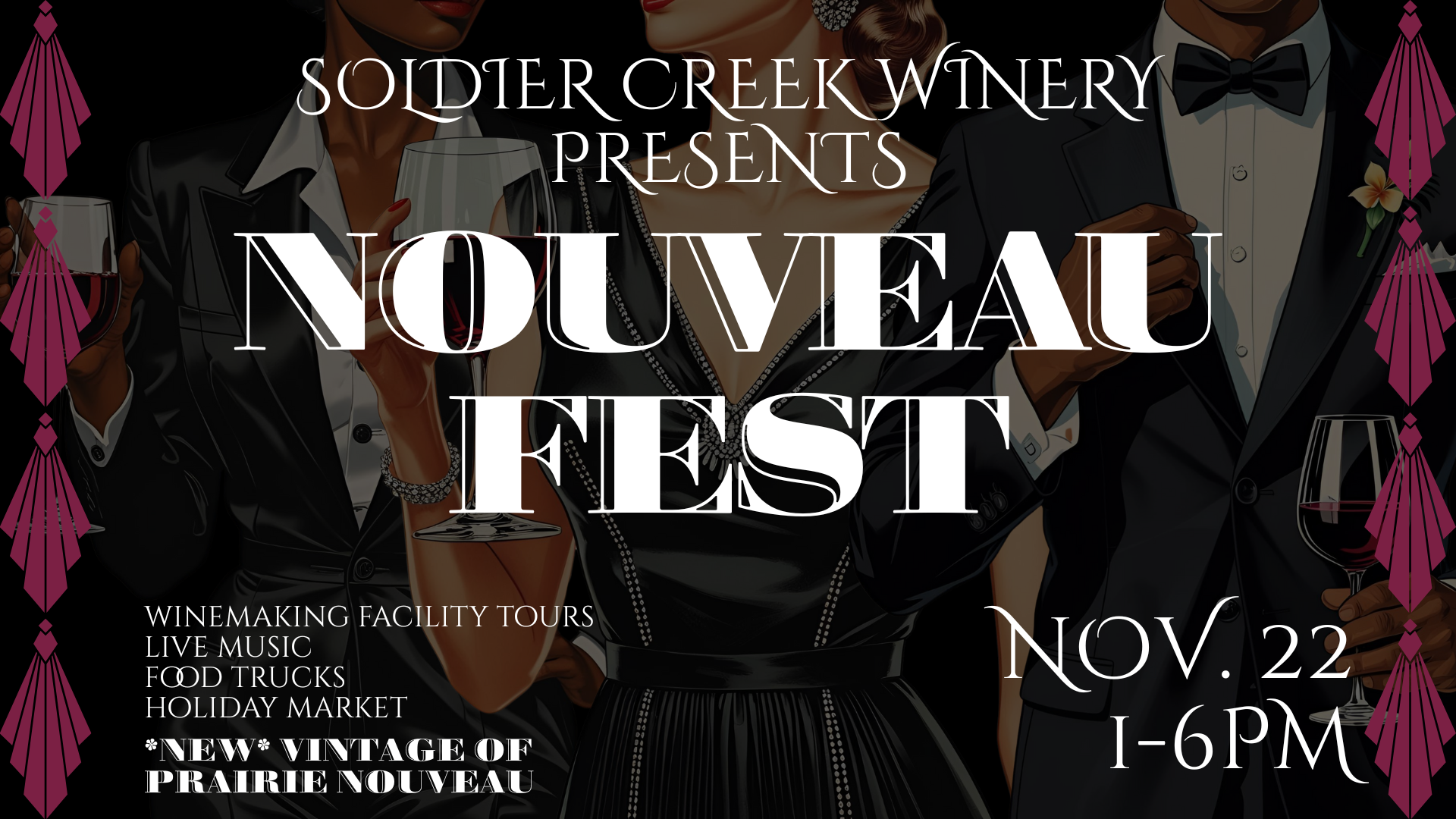 Elegant promotional graphic for Soldier Creek Winery's "Nouveau Fest," taking place November 22 from 1–6 PM. The background features stylishly dressed people in black-tie attire holding glasses of red wine. Text highlights include: winemaking facility tours, live music, food trucks, holiday market, and the release of a new vintage of Prairie Nouveau. The design includes art deco-style accents and a formal, festive atmosphere.