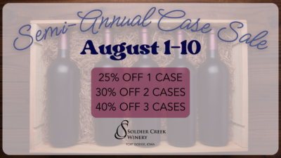Promotional graphic for “Semi-Annual Case Sale” at Soldier Creek Winery in Fort Dodge, Iowa. The event is scheduled for August 1st through 10th. A faded background photo shows a wooden box of nondescript wine bottles. A white overlay contains event details, including the discounts: 25% off 1 case, 30% off 2 cases, 40% off 3 cases. The Soldier Creek Winery logo appears in the lower-middle area.