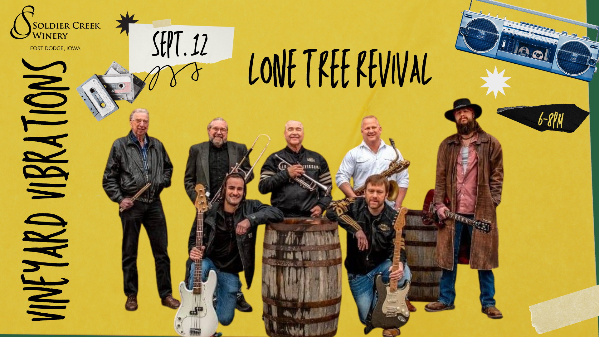 Promotional graphic for a Vineyard Vibrations event at Soldier Creek Winery on September 12 from 6–8PM, featuring the band Lone Tree Revival. The design includes a yellow background with retro elements like cassette tapes and a blue boombox. The band members are arranged in front of wooden wine barrels, holding instruments such as a bass guitar, electric guitar, trumpet, and saxophone. Event details are written in black, hand-drawn-style text, with “Vineyard Vibrations” running vertically on the left and the Soldier Creek Winery logo in the top left corner. The overall design has a fun, vintage concert vibe.