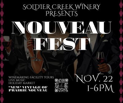 Elegant promotional graphic for Soldier Creek Winery's "Nouveau Fest," taking place November 22 from 1–6 PM. The background features stylishly dressed people in black-tie attire holding glasses of red wine. Text highlights include: winemaking facility tours, live music, holiday market, and the release of a new vintage of Prairie Nouveau. The design includes art deco-style accents and a formal, festive atmosphere.