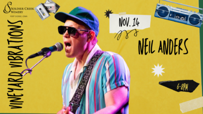 Neil Anders sings into a microphone wearing sunglasses, a green cap, and a colorful striped shirt. The background is bright yellow with hand-drawn accents, cassette tape, and boombox. Text reads: “Vineyard Vibrations,” “Nov. 14,” “Neil Anders,” and “6–8PM.” Soldier Creek Winery logo at top left.