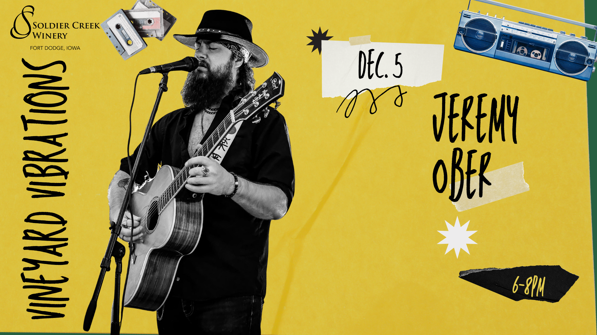 “Graphic for Vineyard Vibrations live music featuring Jeremy Ober at Soldier Creek Winery on December 5, 6–8PM. Jeremy is shown in black and white playing guitar and singing into a microphone. Yellow background with cassette and radio illustrations.”