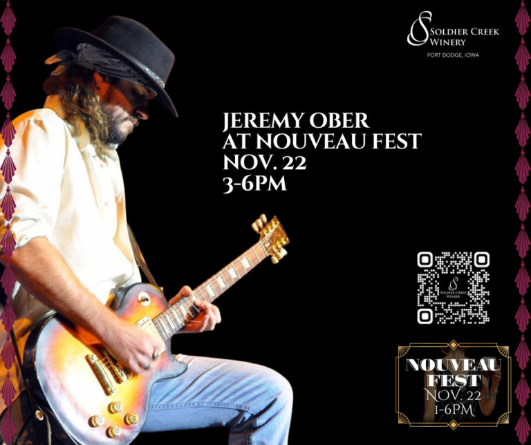Musician Jeremy Ober plays an electric guitar onstage, wearing a white shirt, jeans, and a black hat with long hair and beard visible. The right side of the graphic features bold serif text: “Jeremy Ober at Nouveau Fest, Nov. 22, 3–6PM.” Includes the Soldier Creek Winery logo, a QR code, and Nouveau Fest event branding on a sleek black background with maroon fringe-style side trim.