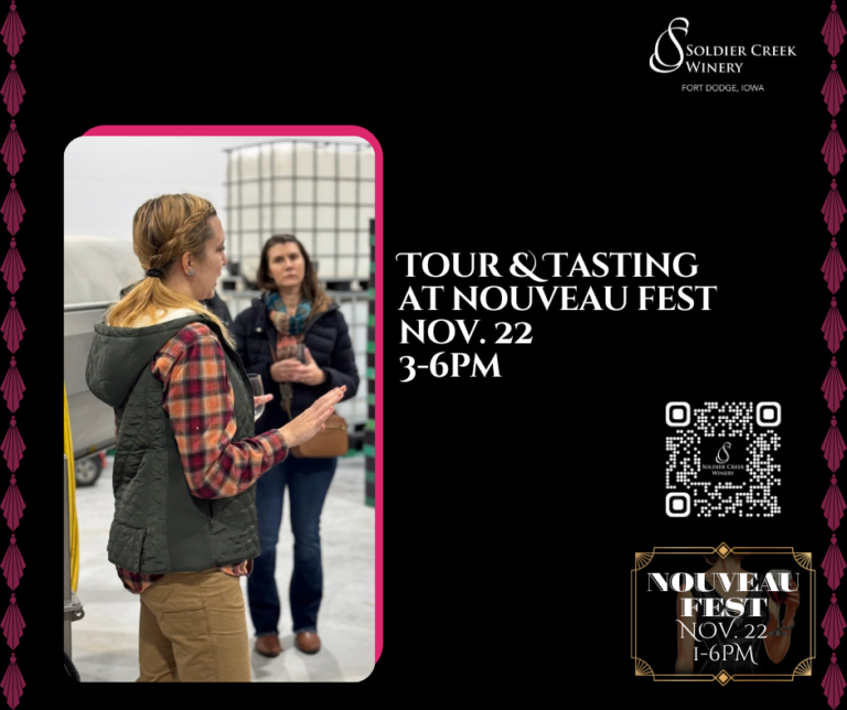 A woman wearing a plaid shirt and quilted vest leads a winery tour, gesturing while another guest in a navy puffer jacket listens intently. The right side of the graphic displays event details in elegant serif text: “Tour & Tasting at Nouveau Fest, Nov. 22, 3–6PM.” The Soldier Creek Winery logo and a QR code are featured, with Nouveau Fest branding and burgundy decorative sidebars on a black background.