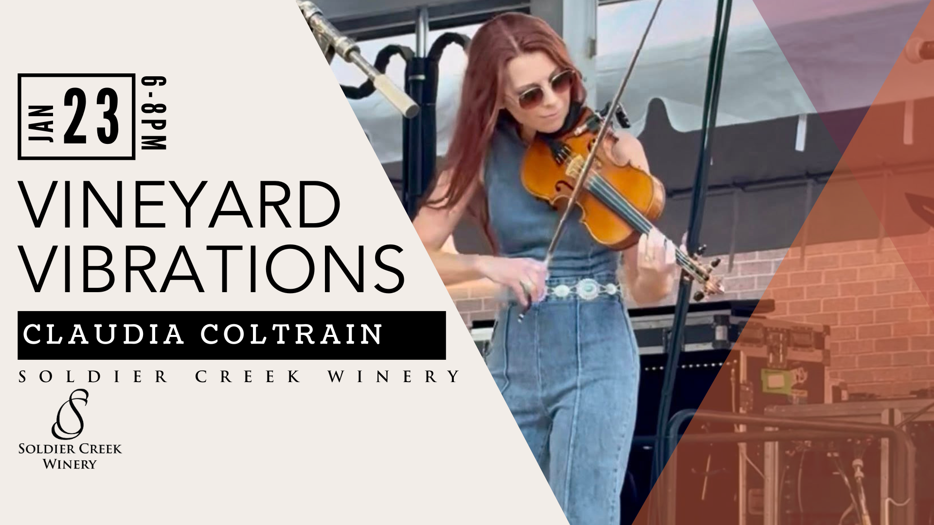 Soldier Creek Winery event graphic for Vineyard Vibrations featuring Claudia Coltrain on January 23, 6–8PM. Claudia plays the fiddle on stage in a denim jumpsuit and sunglasses.