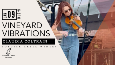 Soldier Creek Winery event graphic for Vineyard Vibrations featuring Claudia Coltrain on January 9, 6–8PM. Claudia plays the fiddle on stage in a denim jumpsuit and sunglasses.