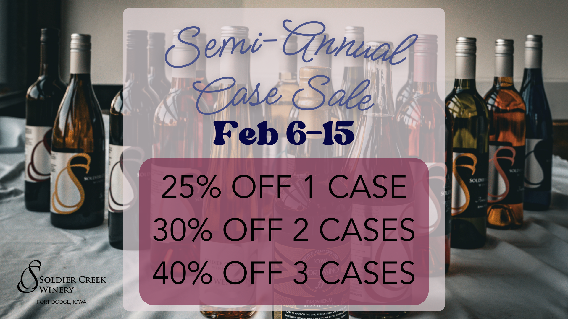 Promotional display of multiple wine bottles on a table with overlay text: "Semi-Annual Case Sale Feb 6–15" and discount tiers "25% OFF 1 CASE, 30% OFF 2 CASES, 40% OFF 3 CASES." Soldier Creek Winery logo and "Fort Dodge, Iowa" appear in the lower left.