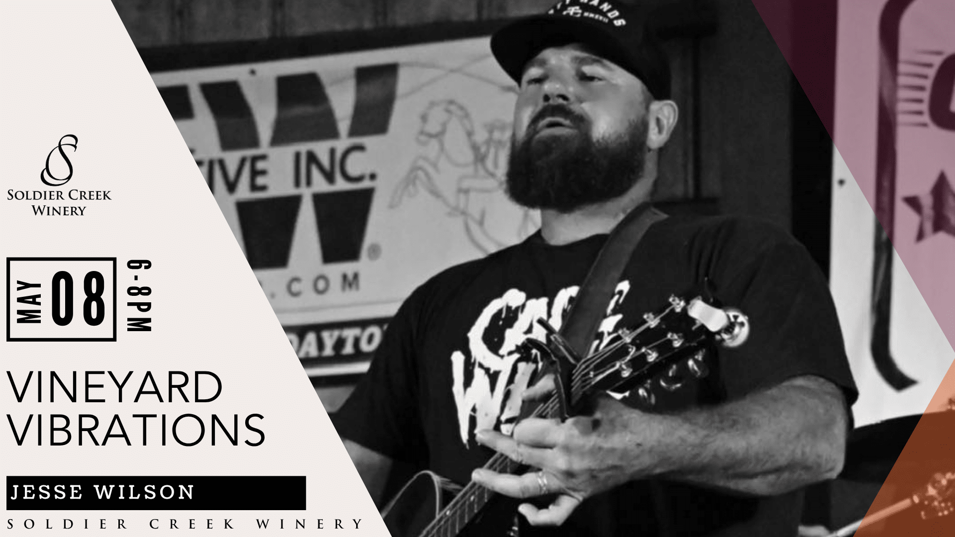 Vineyard Vibrations live music event at Soldier Creek Winery featuring Jesse Wilson on May 8, 6–8pm. Black-and-white photo shows a bearded man in a cap playing guitar and singing outdoors.