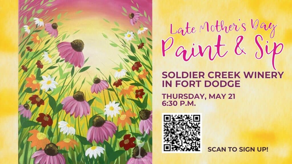 could you write alt text for this painting event?3:31 PMClaude responded: Promotional graphic for a Late Mother's Day Paint & Sip at Soldier Creek Winery in Fort Dodge on Thursday, May 21 at 6:30pm.Promotional graphic for a Late Mother's Day Paint & Sip at Soldier Creek Winery in Fort Dodge on Thursday, May 21 at 6:30pm. Features a colorful painting of wildflowers including coneflowers and daisies on a warm yellow background, with a QR code to sign up.