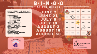 could you write alt text for this bingo graphic?9:27 AMClaude responded: Wine & Bingo at Soldier Creek Winery benefits DSAOC — donate from the wish list for bingo cards.Wine & Bingo at Soldier Creek Winery benefits DSAOC — donate from the wish list for bingo cards. June–August, no registration required.