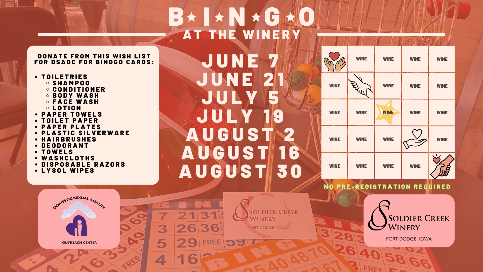 could you write alt text for this bingo graphic?9:27 AMClaude responded: Wine & Bingo at Soldier Creek Winery benefits DSAOC — donate from the wish list for bingo cards.Wine & Bingo at Soldier Creek Winery benefits DSAOC — donate from the wish list for bingo cards. June–August, no registration required.