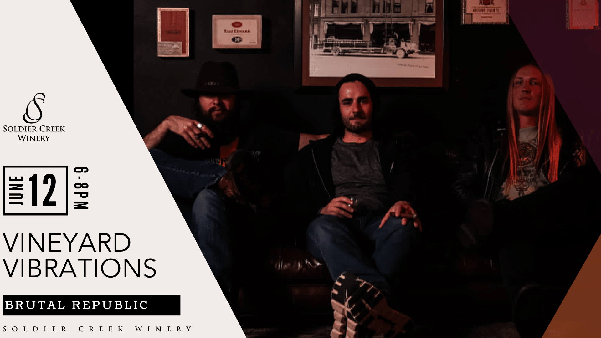 Vineyard Vibrations live music at Soldier Creek Winery — Brutal Republic performs June 12, 6–8pm.