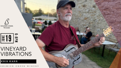 Vineyard Vibrations live music outdoors at Soldier Creek Winery — Kris Karr performs June 19, 6–8pm.