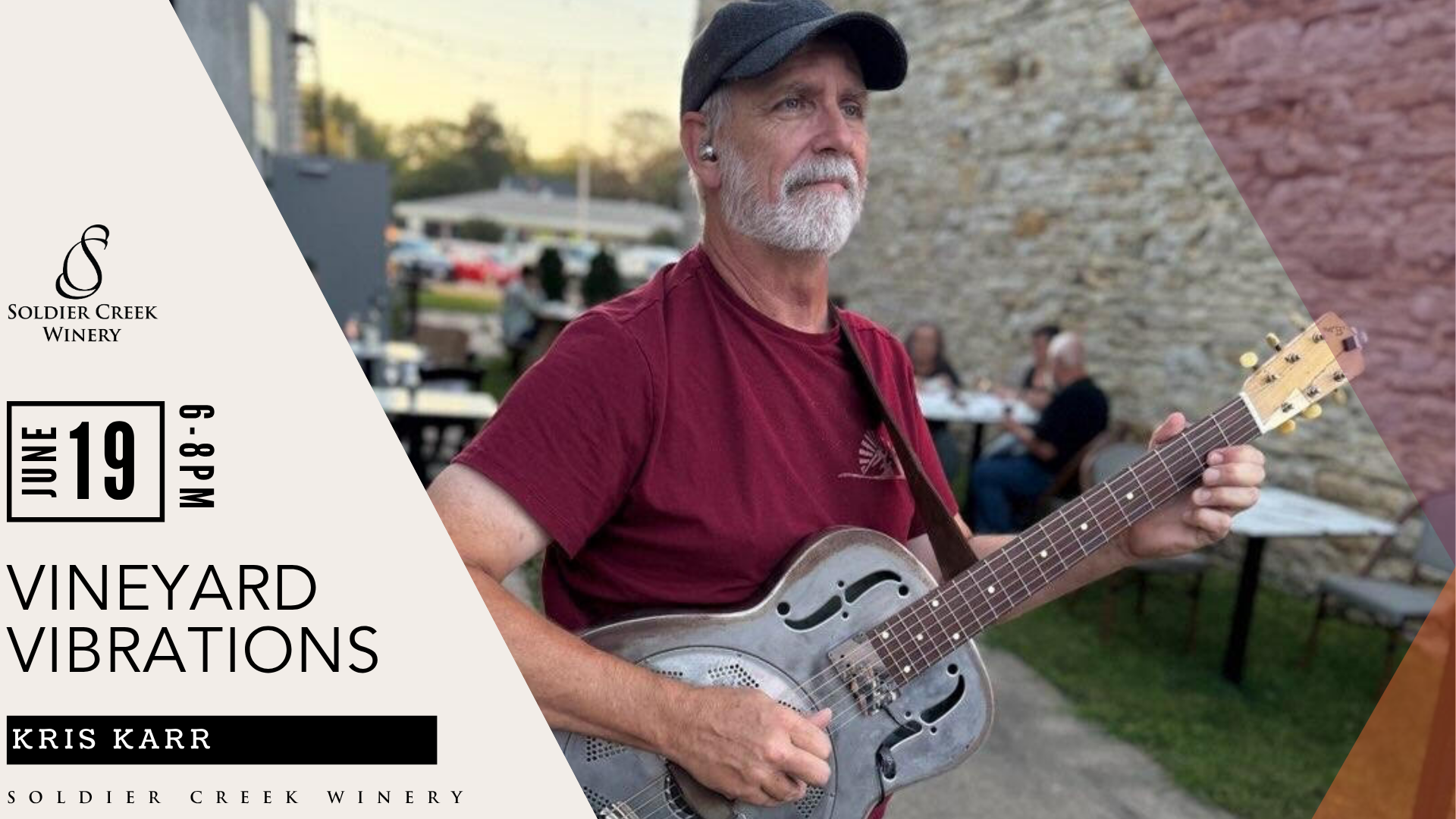 Vineyard Vibrations live music outdoors at Soldier Creek Winery — Kris Karr performs June 19, 6–8pm.