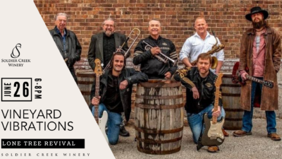 Vineyard Vibrations live music at Soldier Creek Winery — Lone Tree Revival performs June 26, 6–8pm.