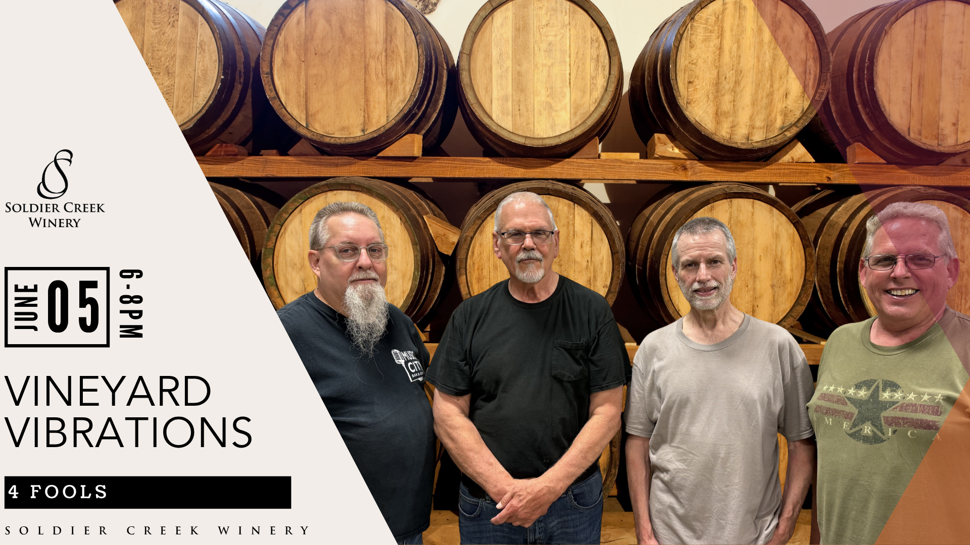Vineyard Vibrations live music at Soldier Creek Winery — 4 Fools performs June 5, 6–8pm.