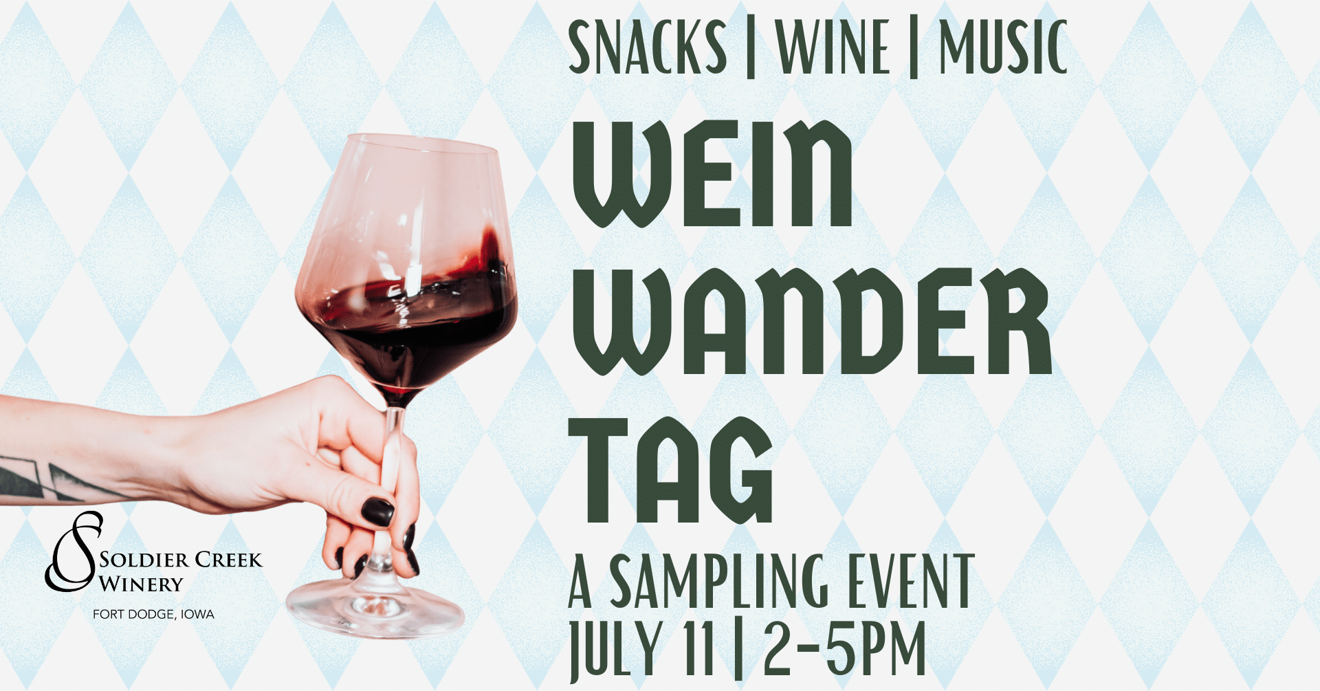 Wein Wander Tag at Soldier Creek Winery — a wine sampling event with snacks and music, July 11, 2–5pm.