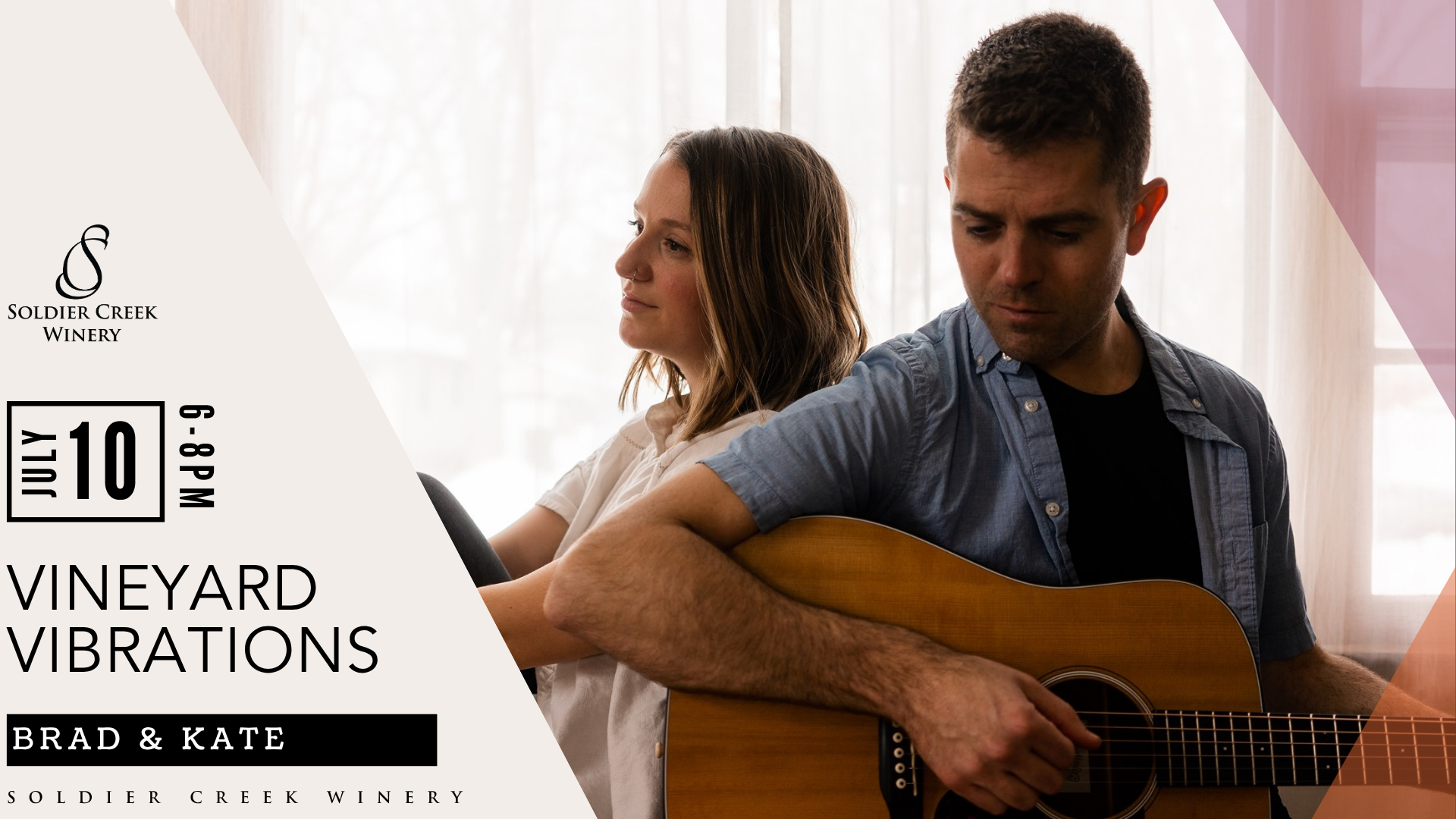 Vineyard Vibrations live music at Soldier Creek Winery — Brad & Kate perform July 10, 6–8pm.