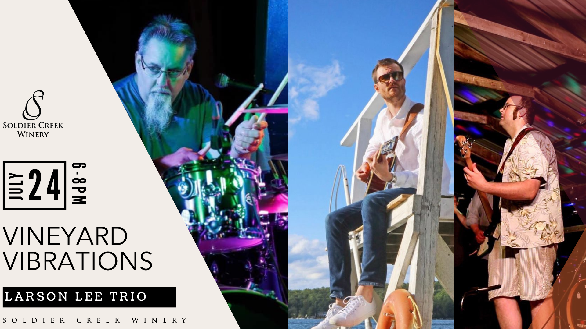 Vineyard Vibrations live music at Soldier Creek Winery — Larson Lee Trio performs July 24, 6–8pm.