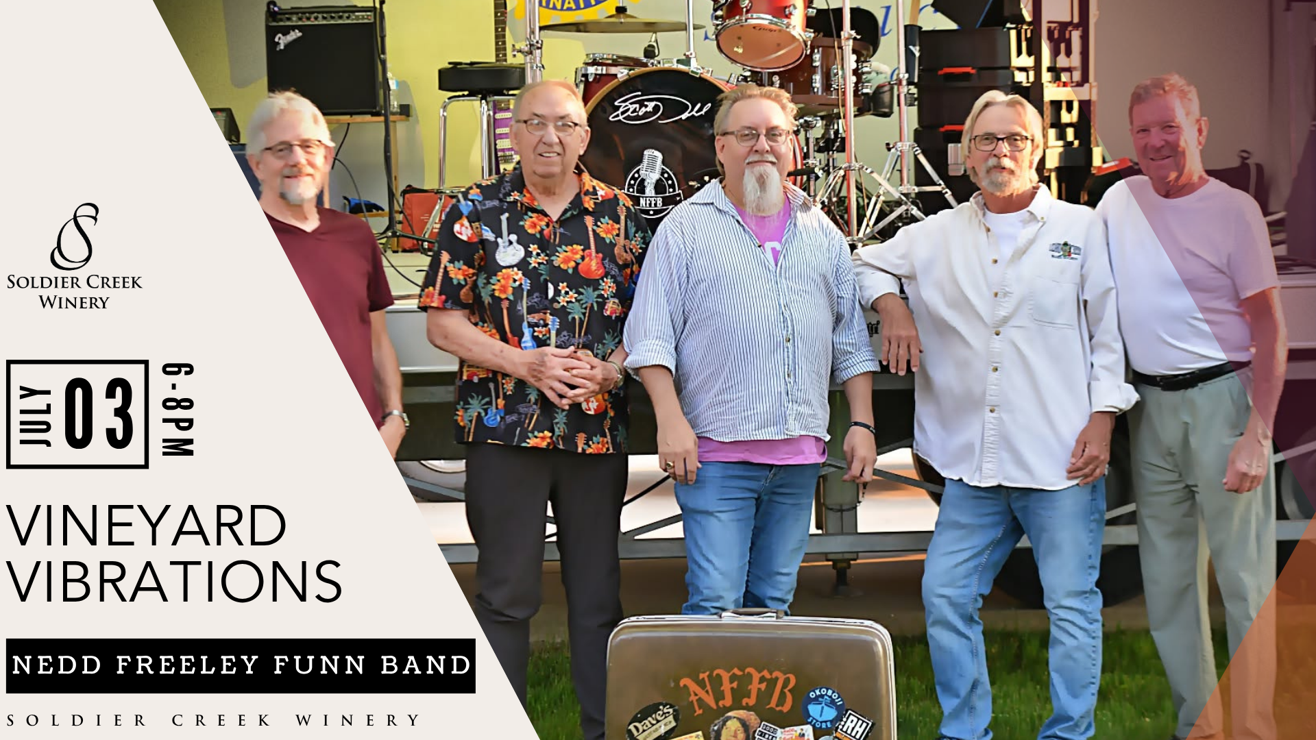 Vineyard Vibrations live music at Soldier Creek Winery — Nedd Freeley Funn Band performs July 3, 6–8pm.