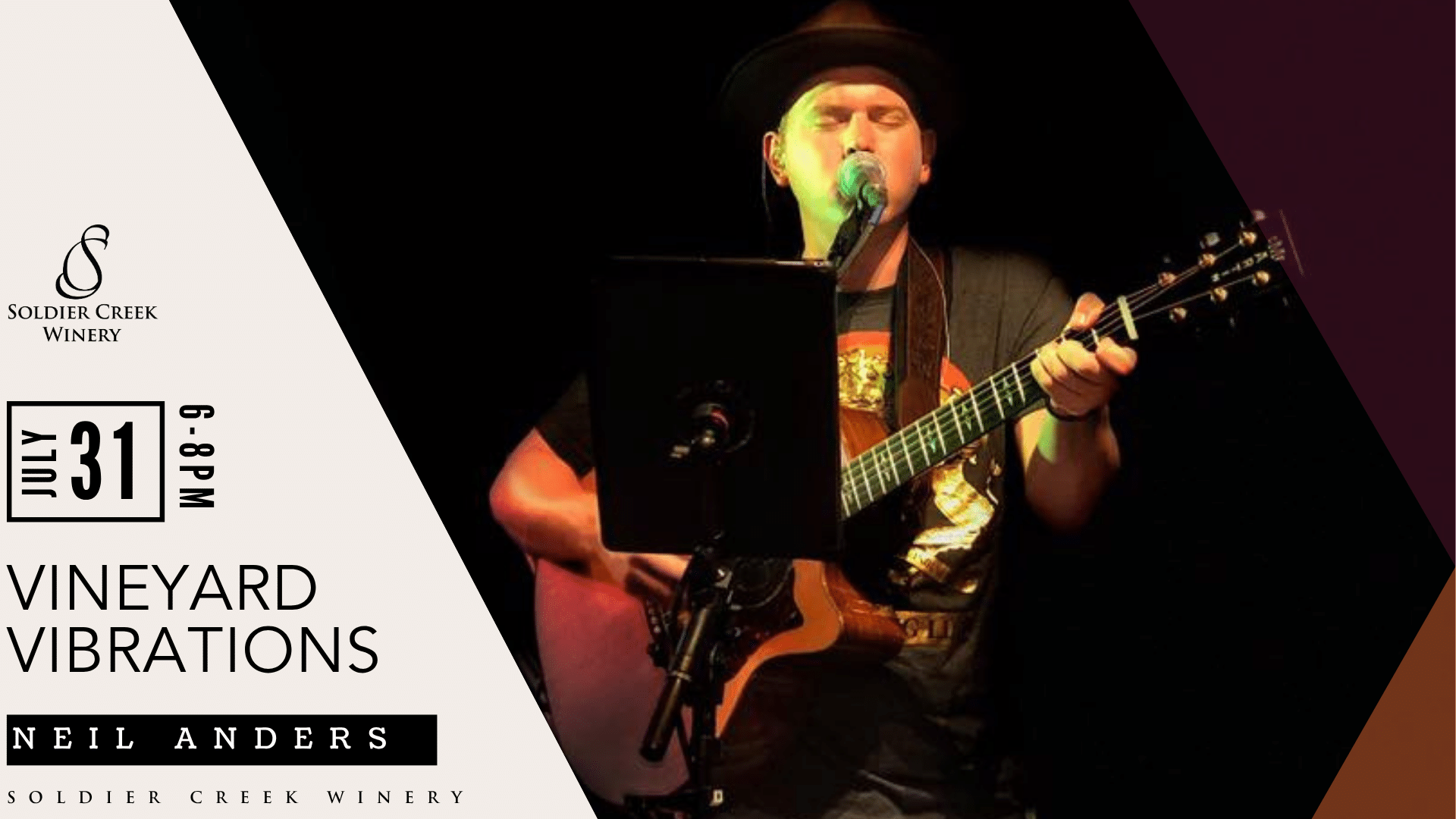 Vineyard Vibrations live music at Soldier Creek Winery — Neil Anders performs July 31, 6–8pm.