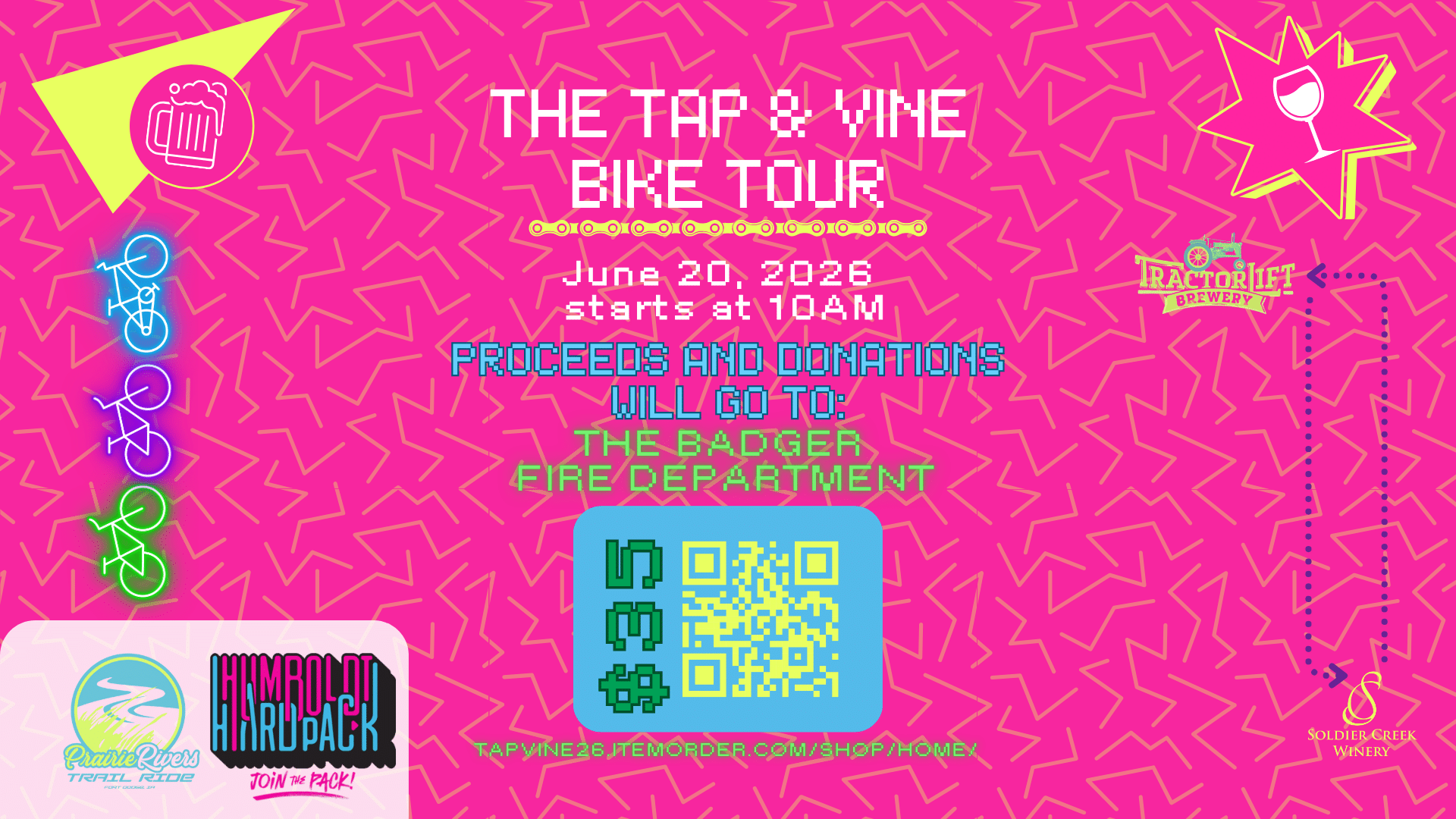 Tap & Vine Bicycle Tour at Soldier Creek Winery, June 20 at 10am. Proceeds benefit the Badger Fire Department.